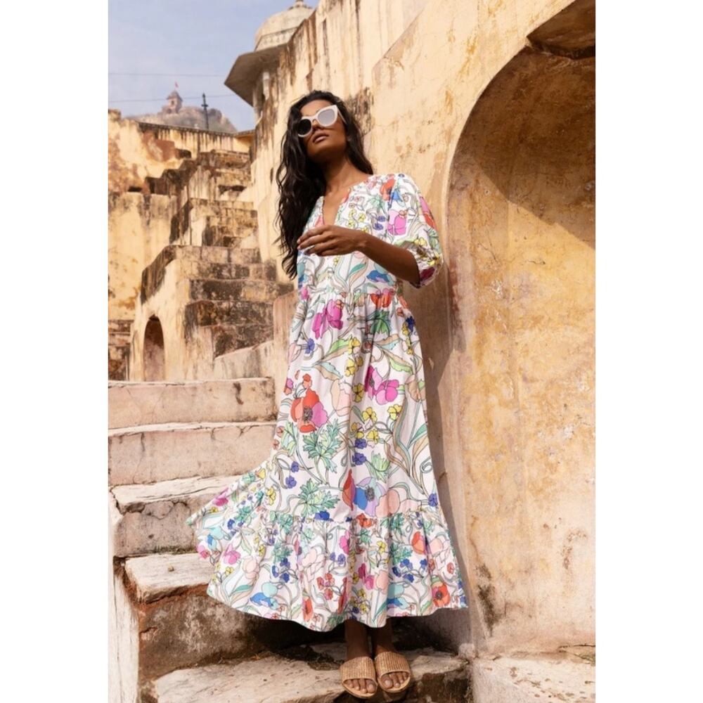 Oliphant Zinnia Multi Floral Puff Sleeve Maxi Dress, Size XS